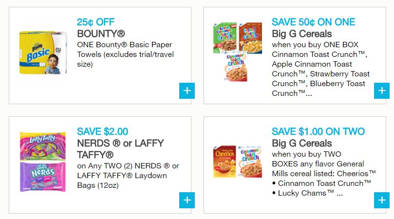 New Printable Coupons Bounty, Big G Cereal, Laffy Taffy, Charmin